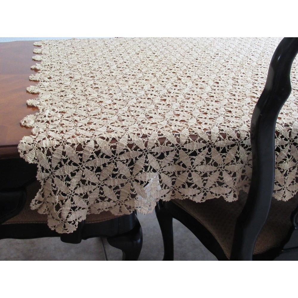 Vintage Handmade Beige CROCHET LACE TABLECLOTH Coverlet Bed Topper 59"x79" - Picture 2 of 14